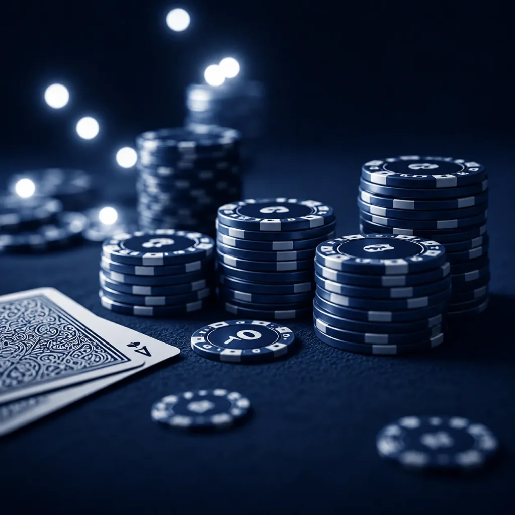 Poker chips and cards under bokeh lights